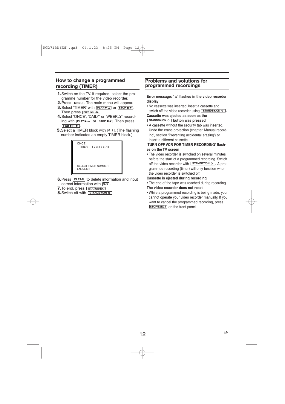 How to change a programmed recording (timer), Problems and solutions for programmed recordings | Philips VR150/07 User Manual | Page 12 / 16