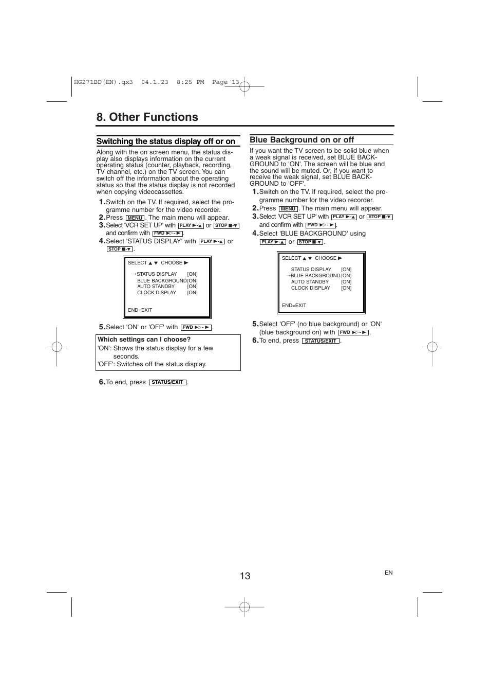 Other functions, Switching the status display off or on, Blue background on or off | Philips VR150/07 User Manual | Page 13 / 16