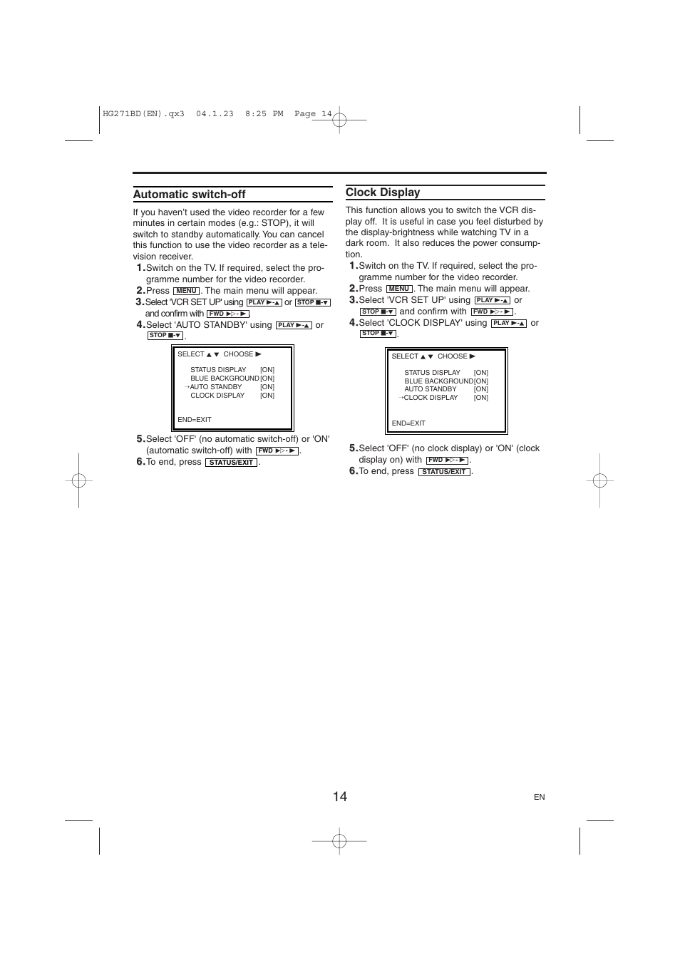 Automatic switch-off, Clock display | Philips VR150/07 User Manual | Page 14 / 16