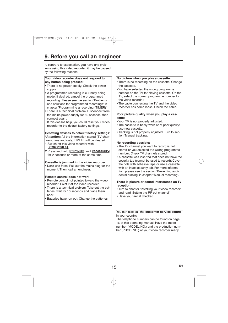 Before you call an engineer | Philips VR150/07 User Manual | Page 15 / 16