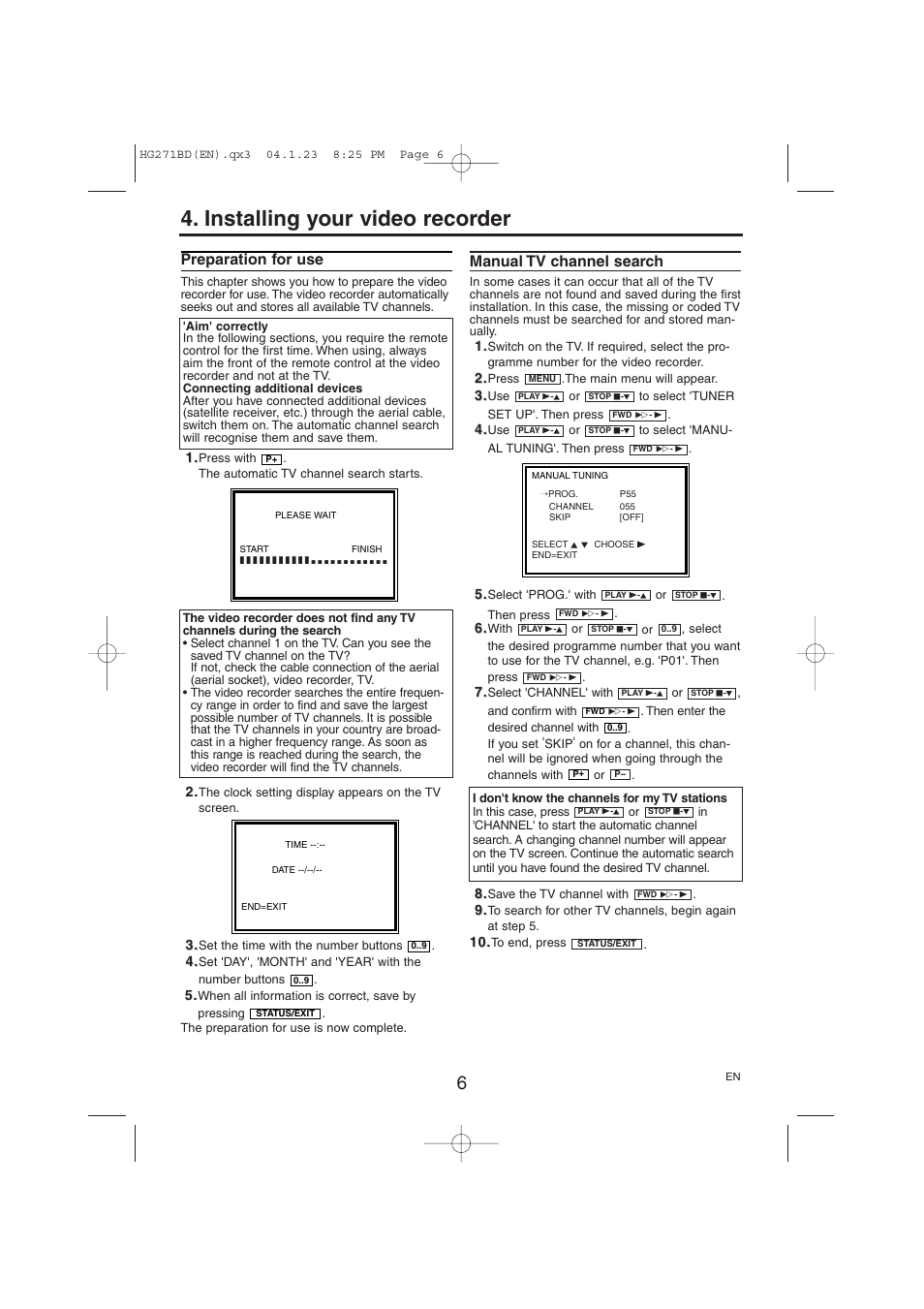 Installing your video recorder, Preparation for use, Manual tv channel search | Philips VR150/07 User Manual | Page 6 / 16