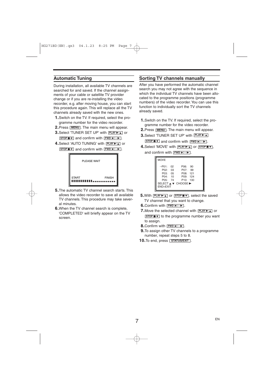 Automatic tuning, Sorting tv channels manually | Philips VR150/07 User Manual | Page 7 / 16