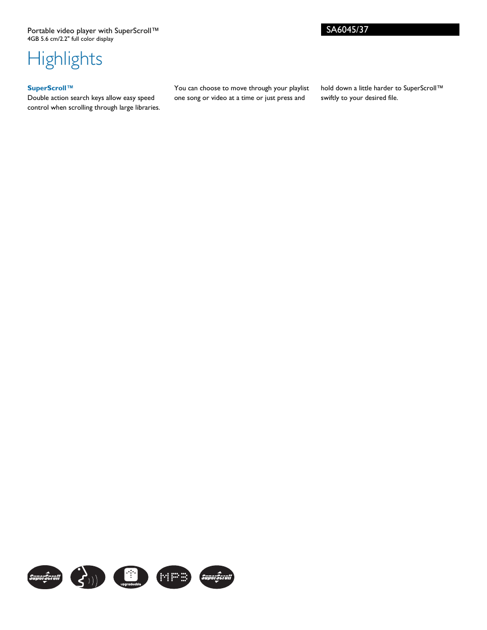 Highlights | Philips GOGEAR SA6045 User Manual | Page 2 / 3