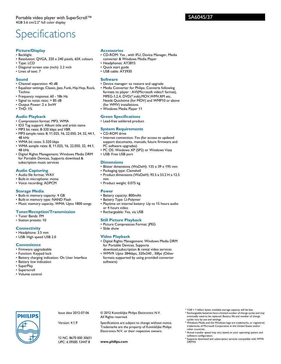 Specifications | Philips GOGEAR SA6045 User Manual | Page 3 / 3