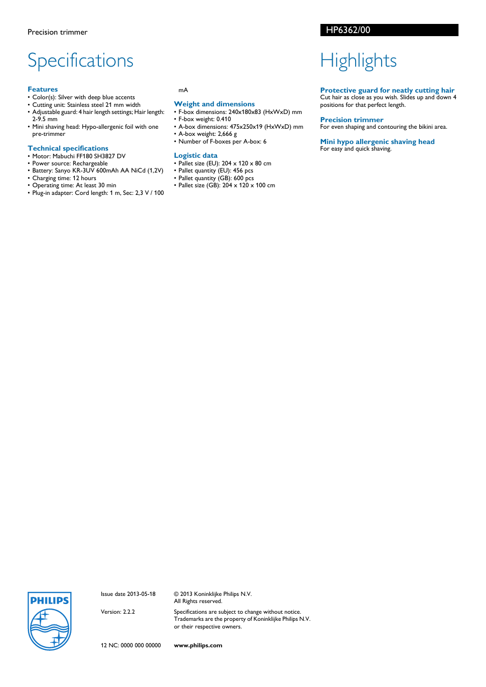 Specifications, Highlights | Philips HP6300 User Manual | Page 2 / 2