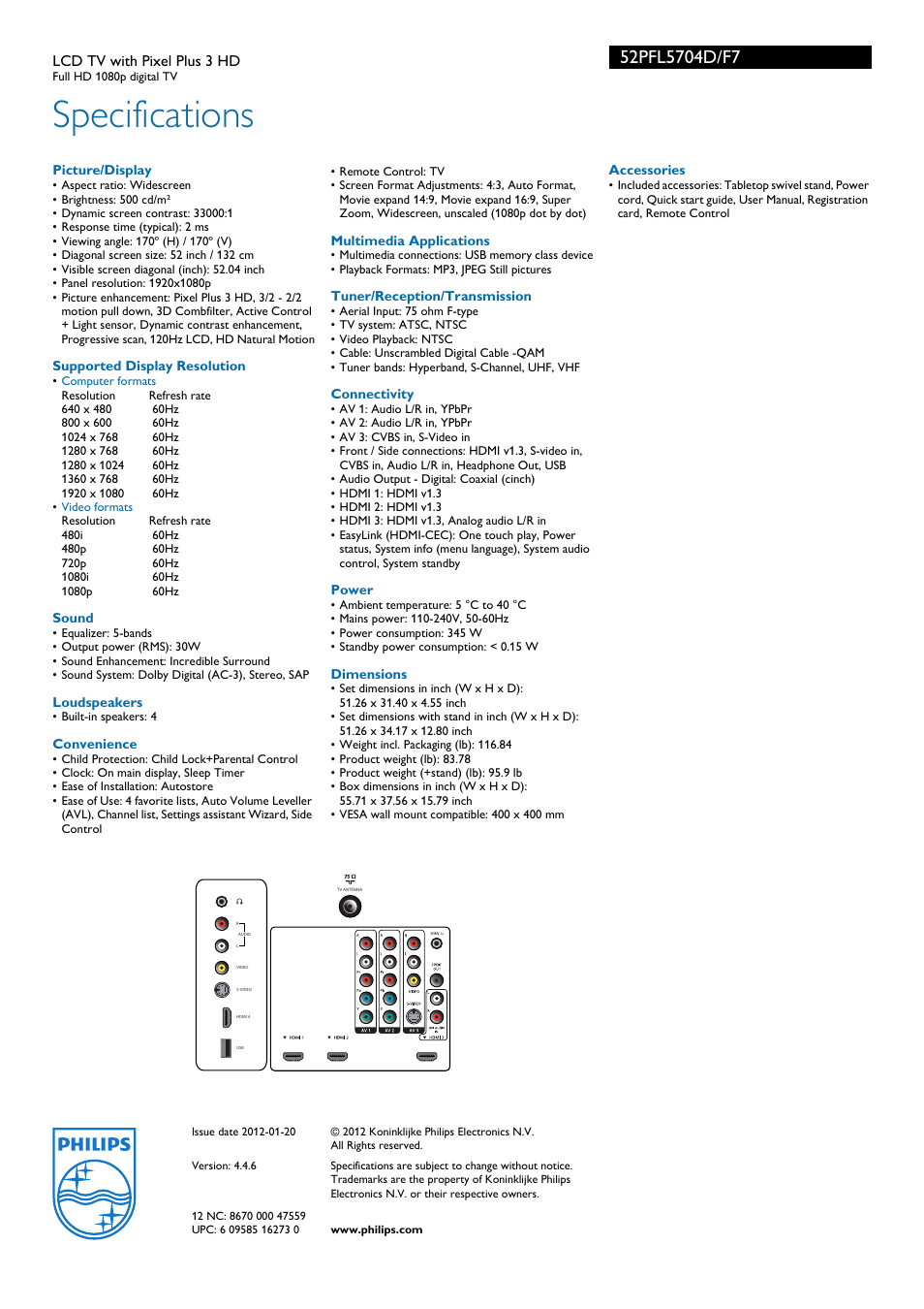 Specifications | Philips 52PFL5704D User Manual | Page 3 / 3