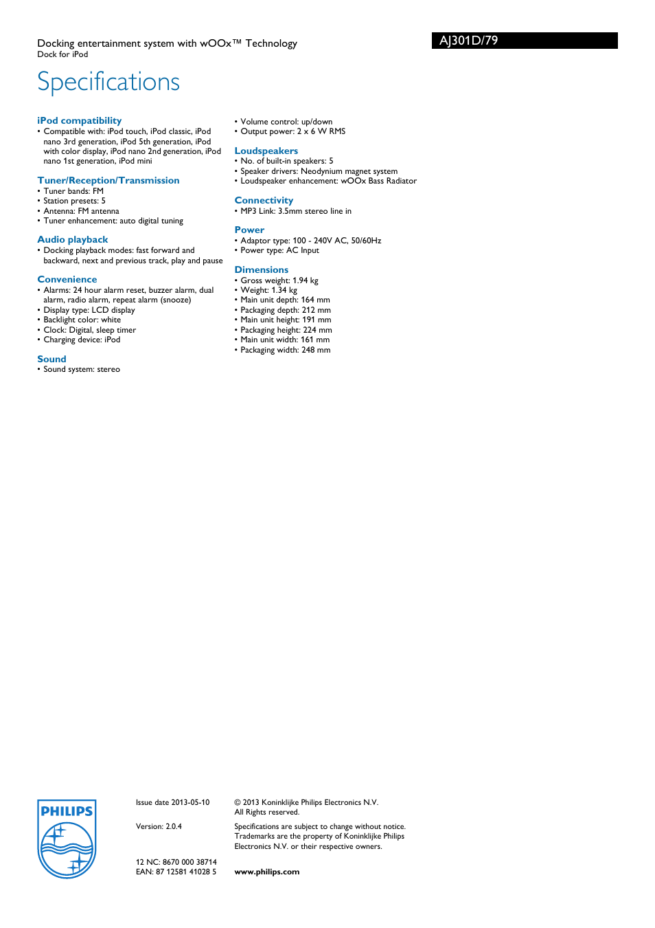 Specifications | Philips AJ301D/79 User Manual | Page 3 / 3
