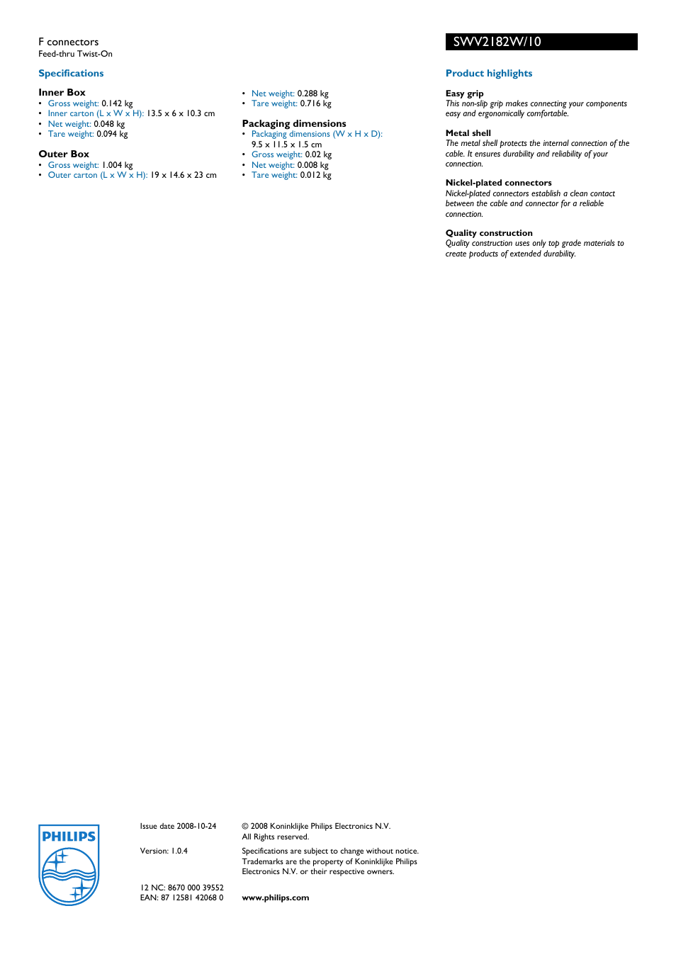 Philips Feed-Thru SWV2182W User Manual | Page 2 / 2