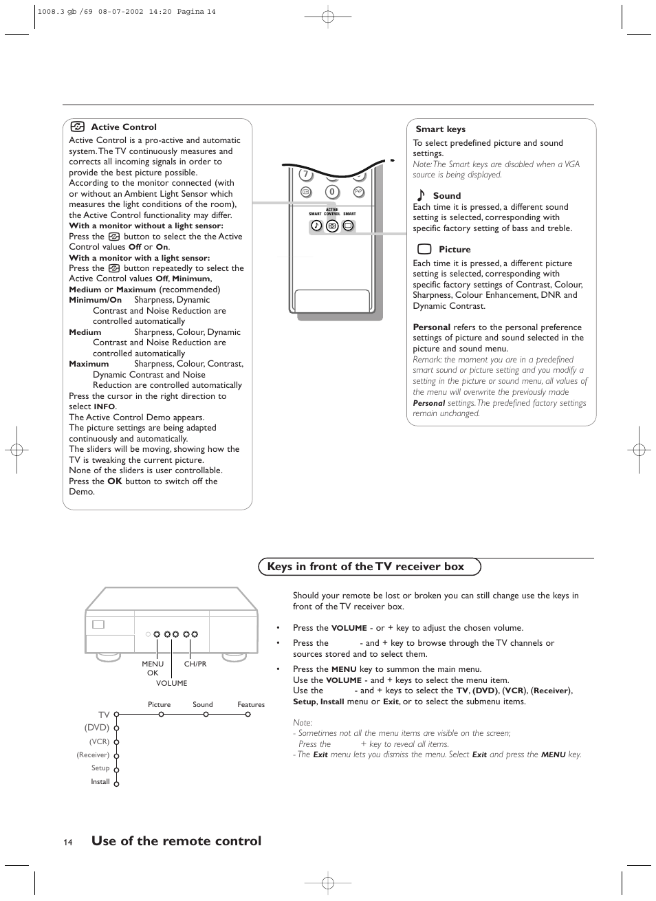 Use of the remote control, Keys in front of the tv receiver box | Philips FTR9964/69S User Manual | Page 15 / 37