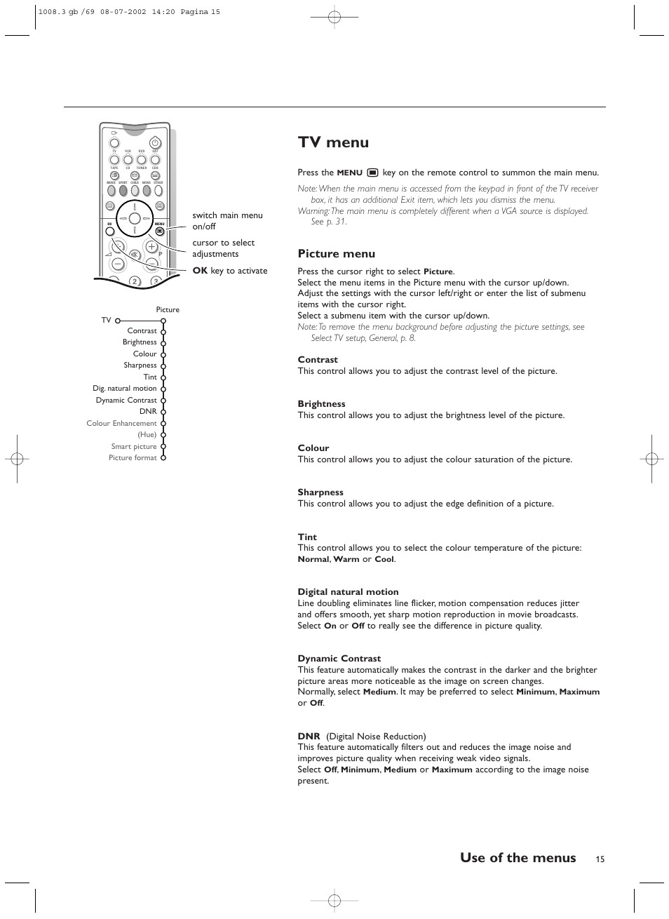 Tv menu, Use of the menus, Picture menu | Philips FTR9964/69S User Manual | Page 16 / 37