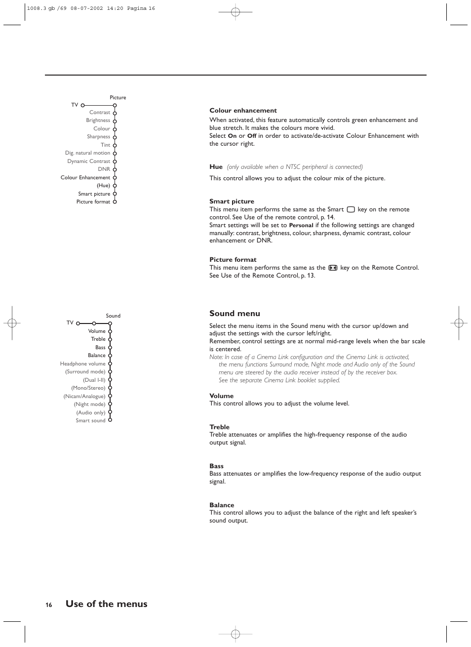 Use of the menus, Sound menu | Philips FTR9964/69S User Manual | Page 17 / 37