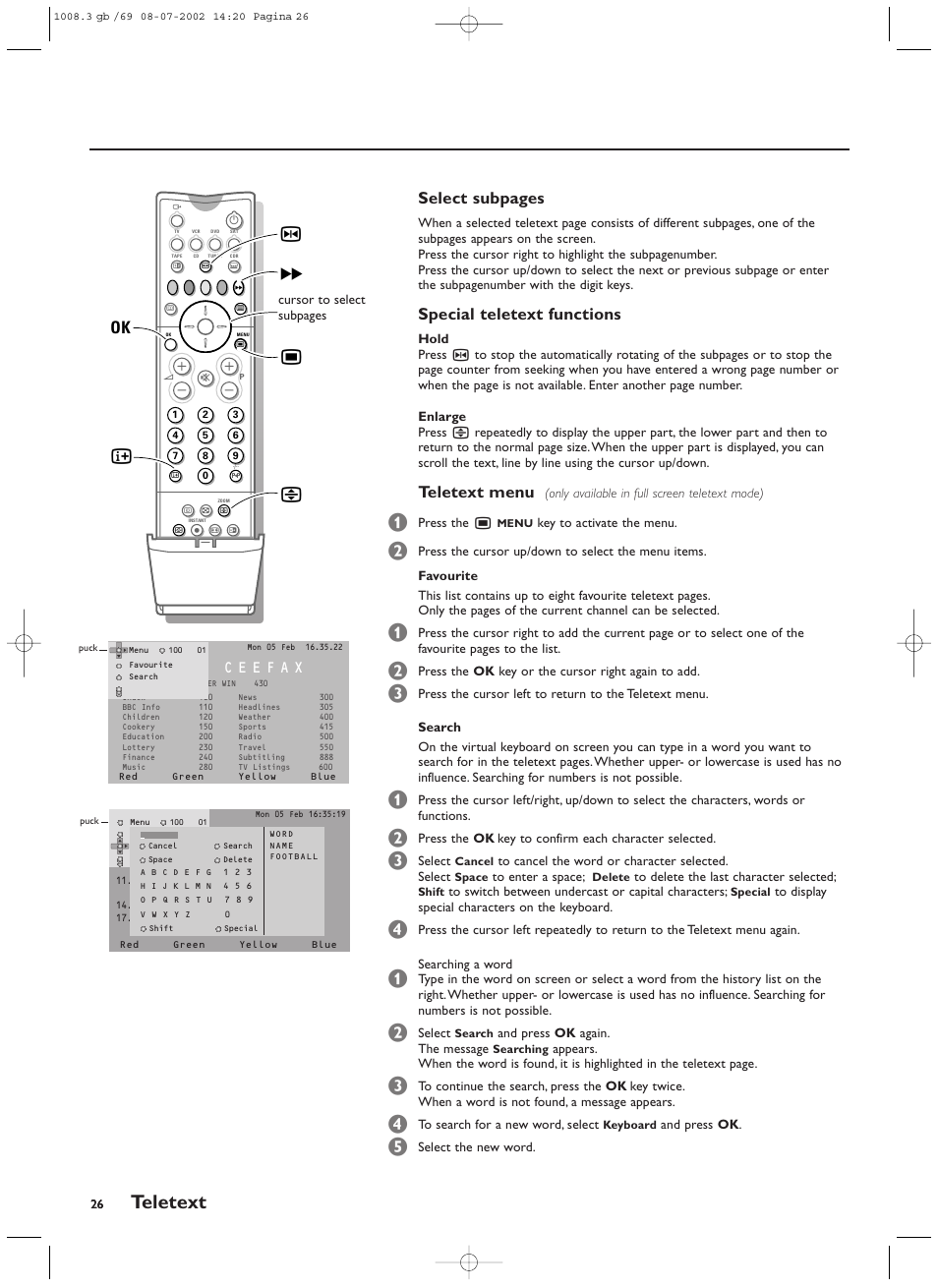 Teletext, Select subpages, Special teletext functions | Teletext menu, Ok i, Sh † ï | Philips FTR9964/69S User Manual | Page 27 / 37