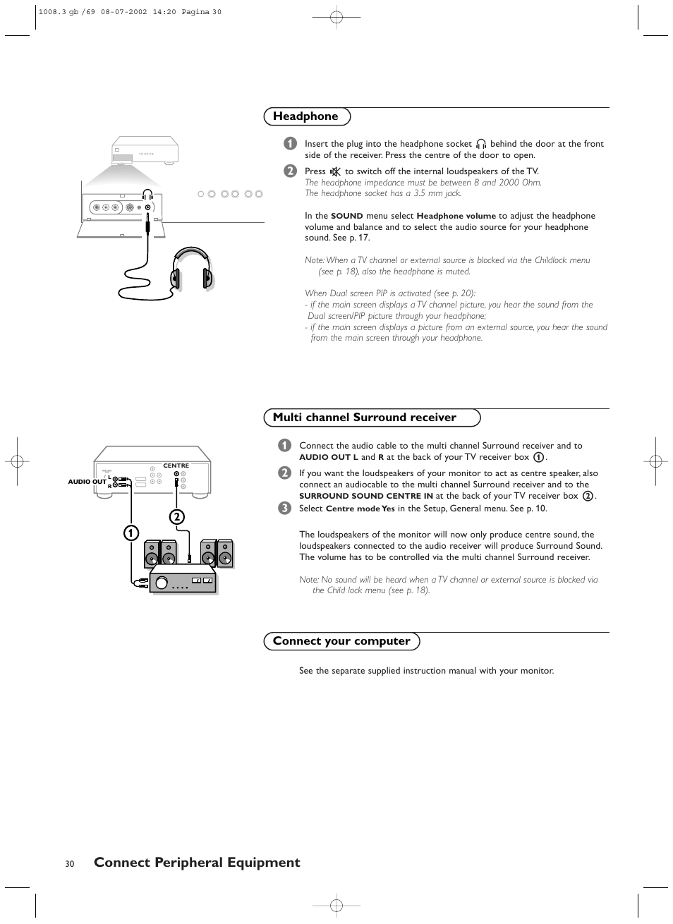 Connect peripheral equipment, Multi channel surround receiver, Connect your computer | Headphone | Philips FTR9964/69S User Manual | Page 31 / 37