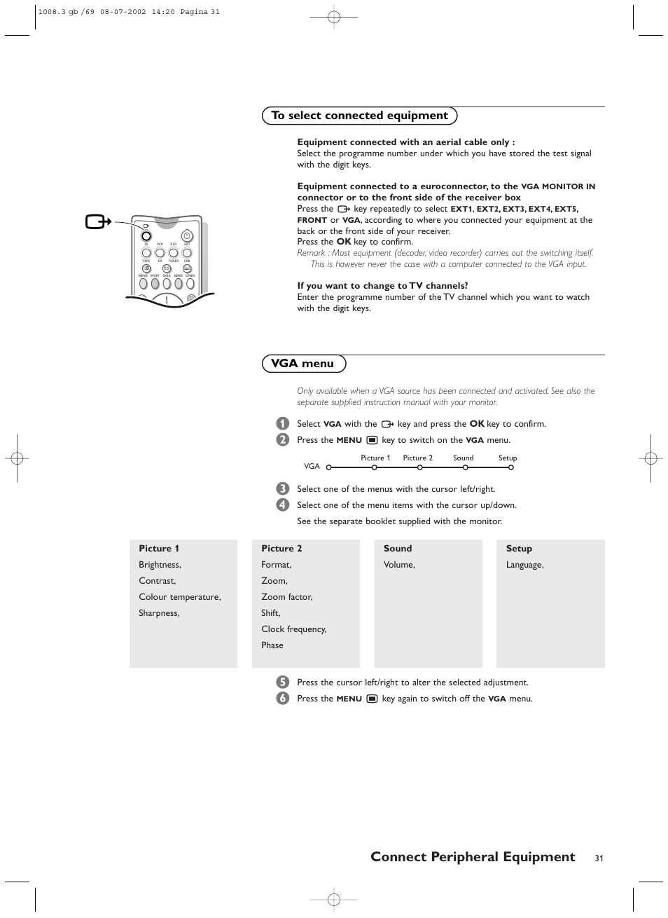 Connect peripheral equipment, Vga menu | Philips FTR9964/69S User Manual | Page 32 / 37