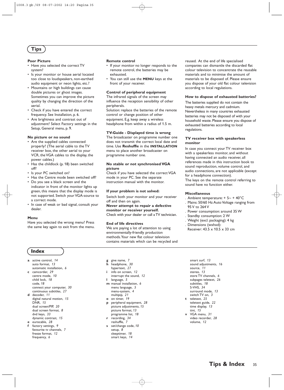 Tips & index, Tips, Index | Philips FTR9964/69S User Manual | Page 36 / 37