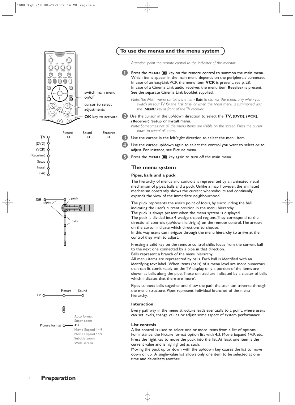 Preparation, The menu system | Philips FTR9964/69S User Manual | Page 5 / 37