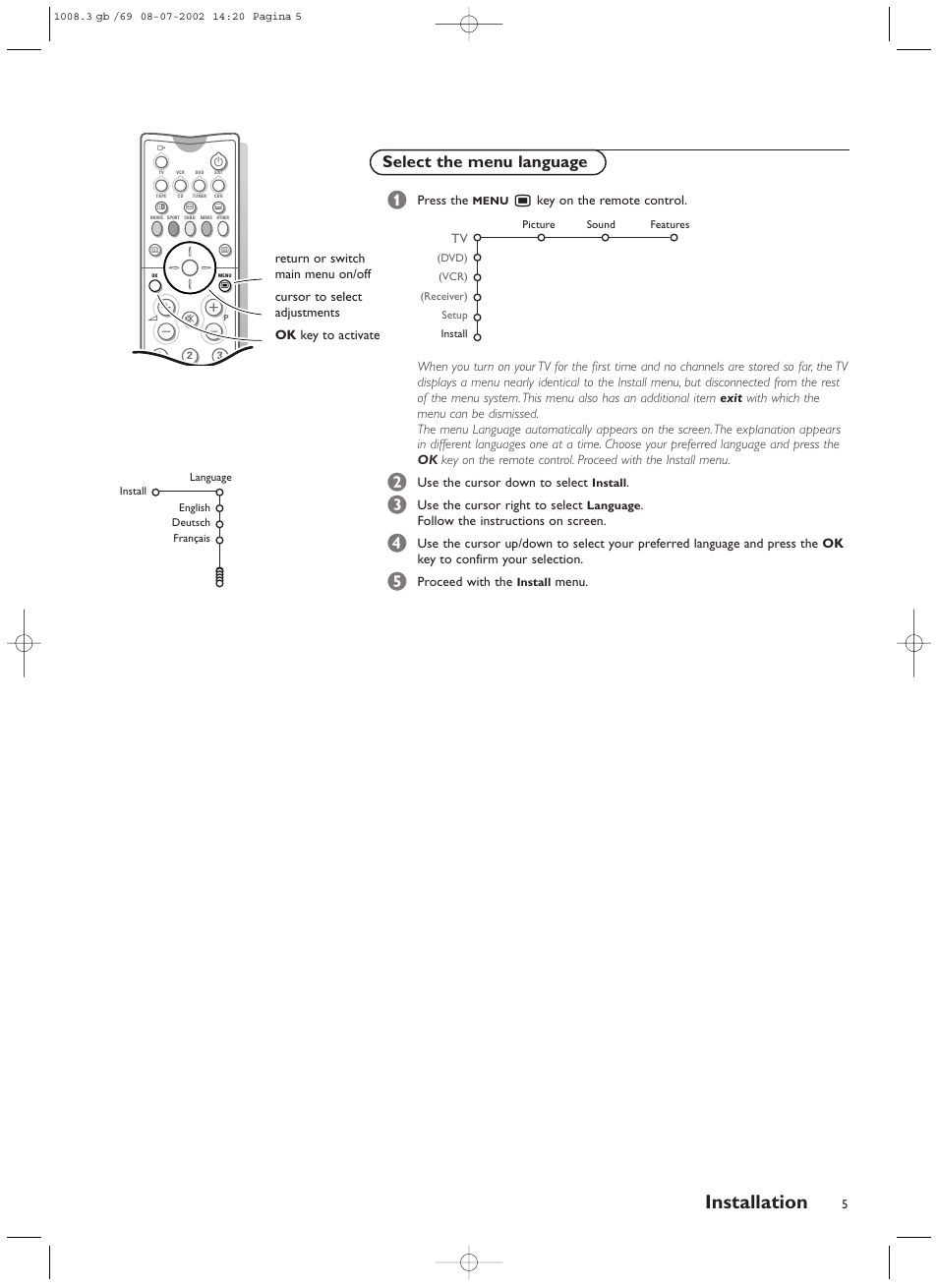 Installation, Select the menu language | Philips FTR9964/69S User Manual | Page 6 / 37