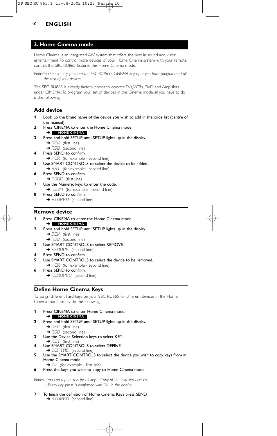 Home cinema mode, Add device, Remove device | Define home cinema keys | Philips SBC RU 865/00 User Manual | Page 10 / 120