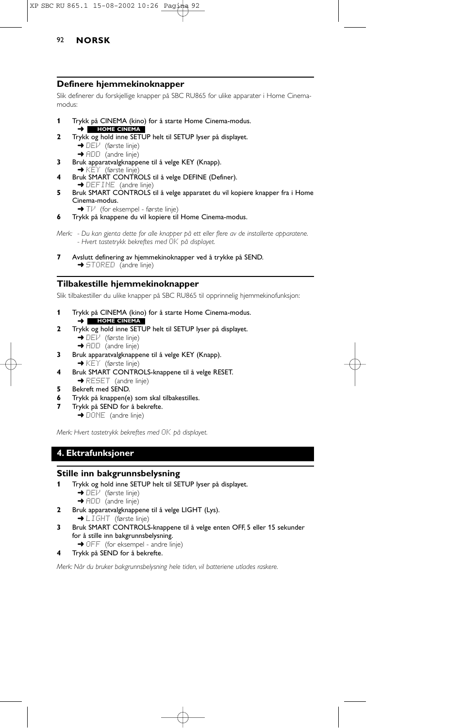 Definere hjemmekinoknapper, Tilbakestille hjemmekinoknapper, Ektrafunksjoner stille inn bakgrunnsbelysning | Philips SBC RU 865/00 User Manual | Page 100 / 120