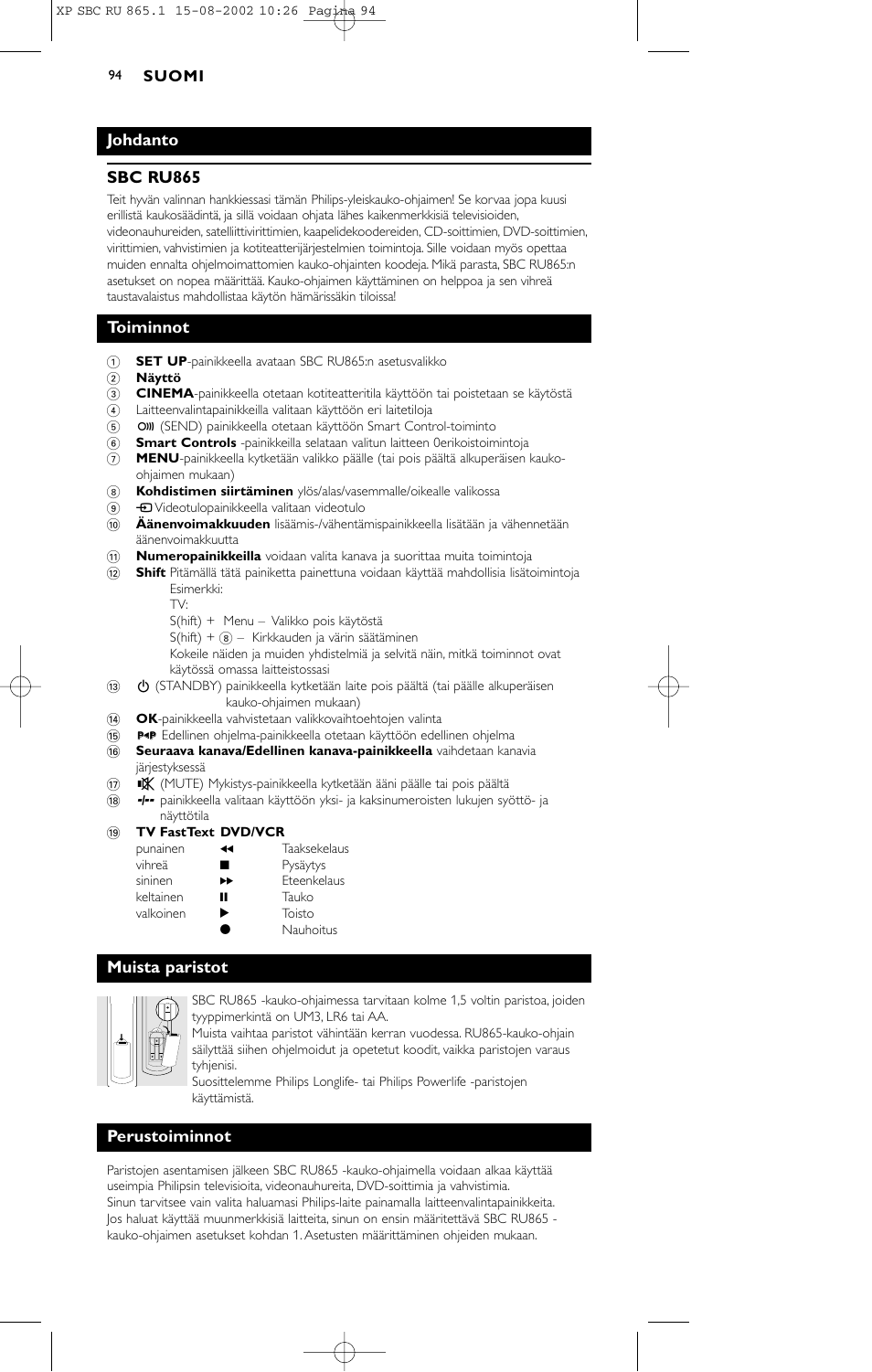 Johdanto sbc ru865, Toiminnot, Muista paristot | Perustoiminnot | Philips SBC RU 865/00 User Manual | Page 102 / 120