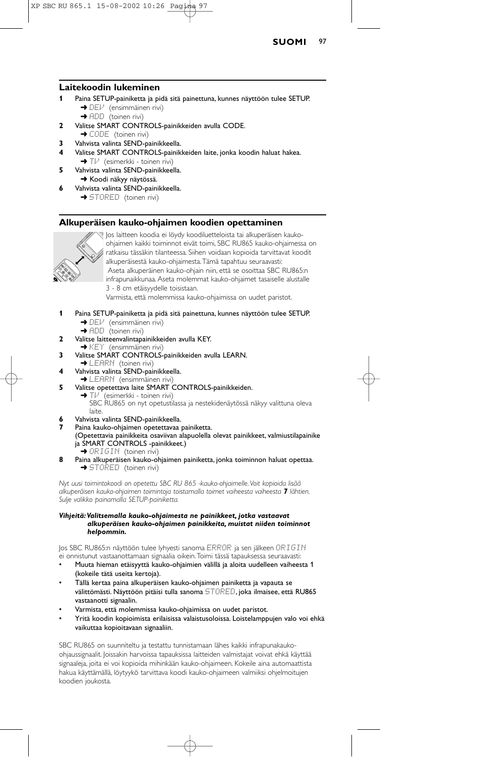 Laitekoodin lukeminen, Alkuperäisen kauko-ohjaimen koodien opettaminen | Philips SBC RU 865/00 User Manual | Page 105 / 120