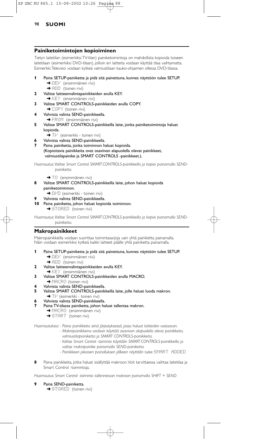 Painiketoimintojen kopioiminen, Makropainikkeet | Philips SBC RU 865/00 User Manual | Page 106 / 120