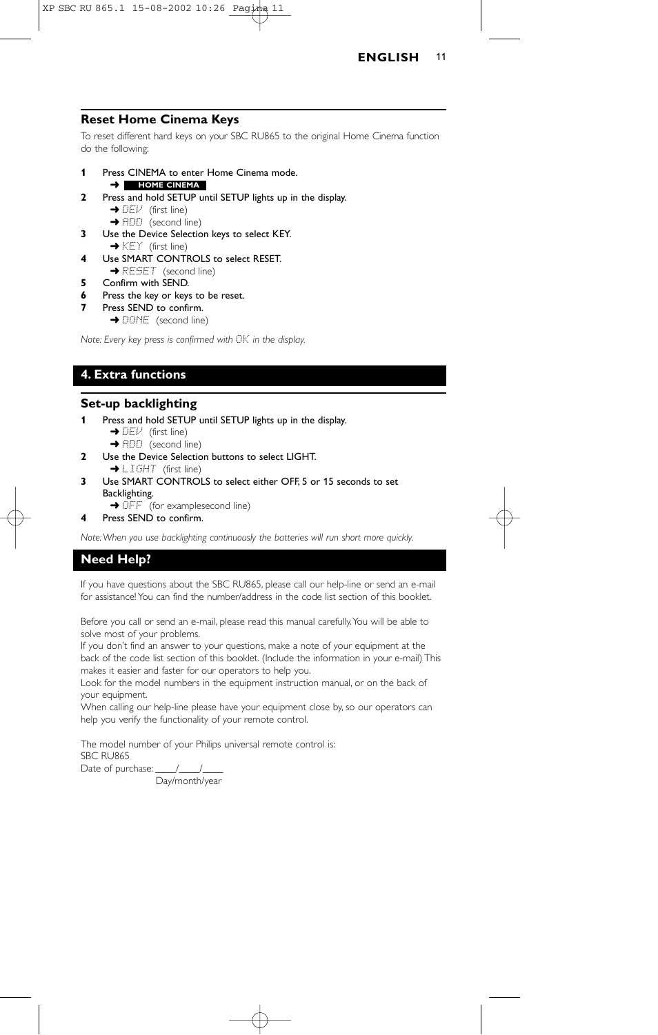 Reset home cinema keys, Extra functions set-up backlighting, Need help | Philips SBC RU 865/00 User Manual | Page 11 / 120