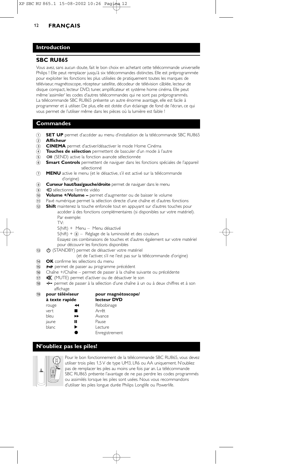 Introduction sbc ru865, Commandes, N’oubliez pas les piles | Philips SBC RU 865/00 User Manual | Page 12 / 120