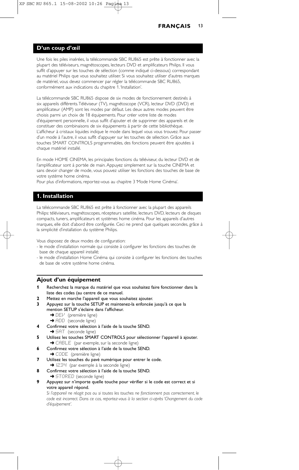 D’un coup d’œil, Installation, Ajout d’un équipement | Philips SBC RU 865/00 User Manual | Page 13 / 120