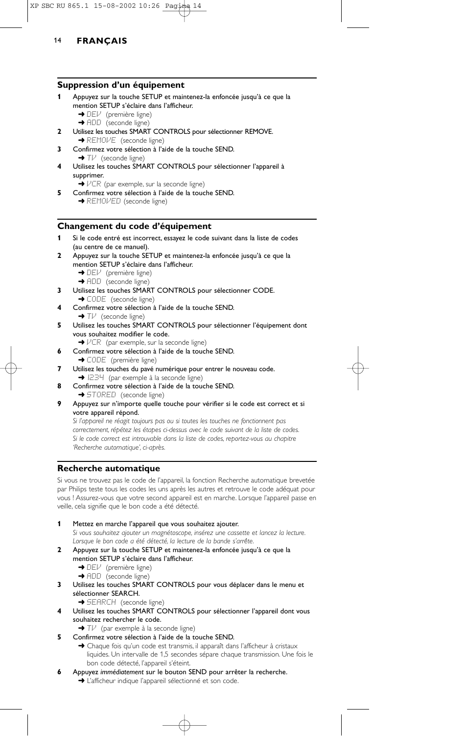 Suppression d’un équipement, Changement du code d’équipement, Recherche automatique | Philips SBC RU 865/00 User Manual | Page 14 / 120