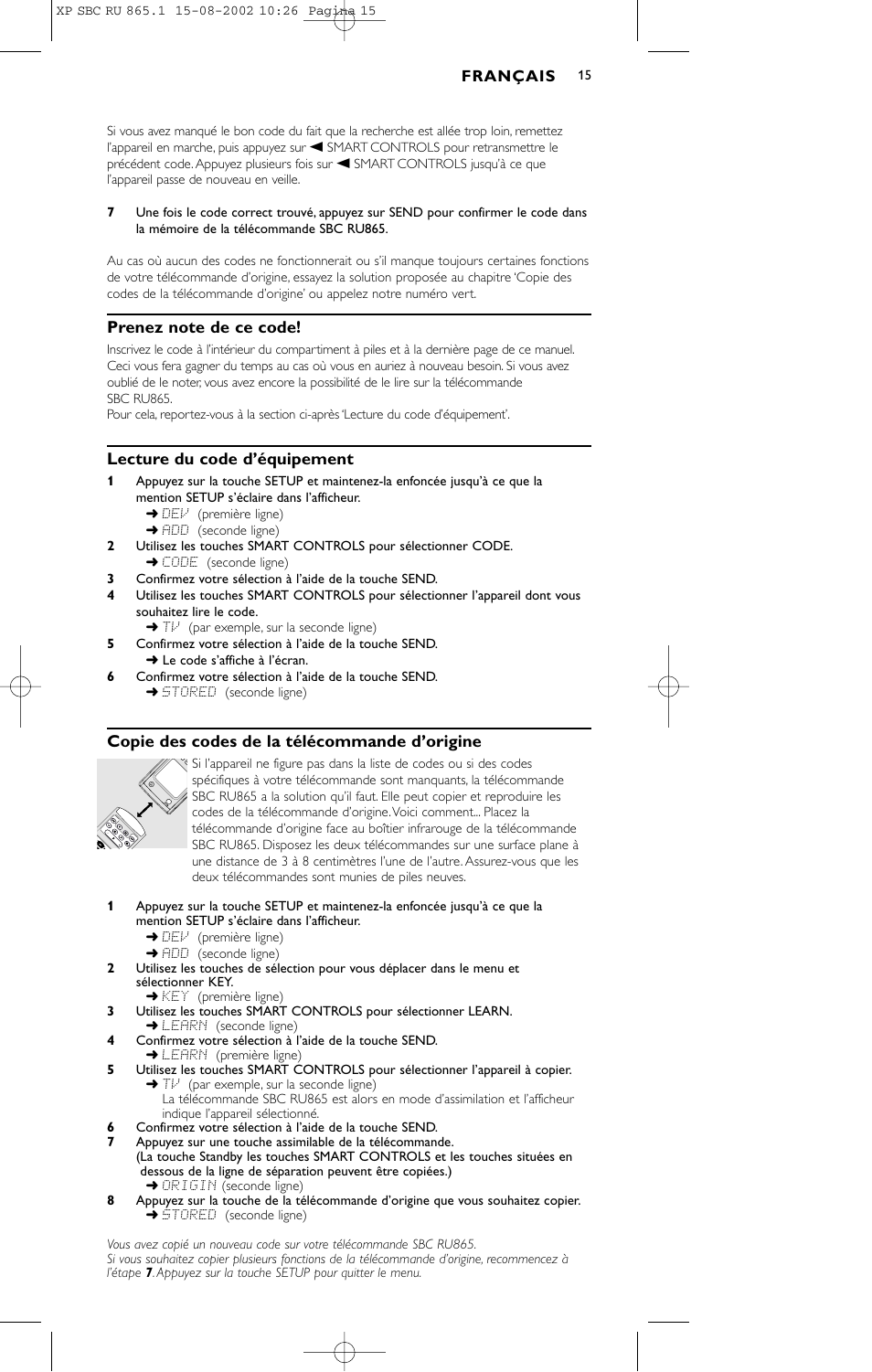 Lecture du code d’équipement, Copie des codes de la télécommande d’origine | Philips SBC RU 865/00 User Manual | Page 15 / 120