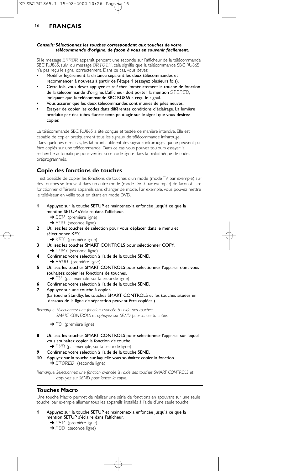 Copie des fonctions de touches, Touches macro | Philips SBC RU 865/00 User Manual | Page 16 / 120