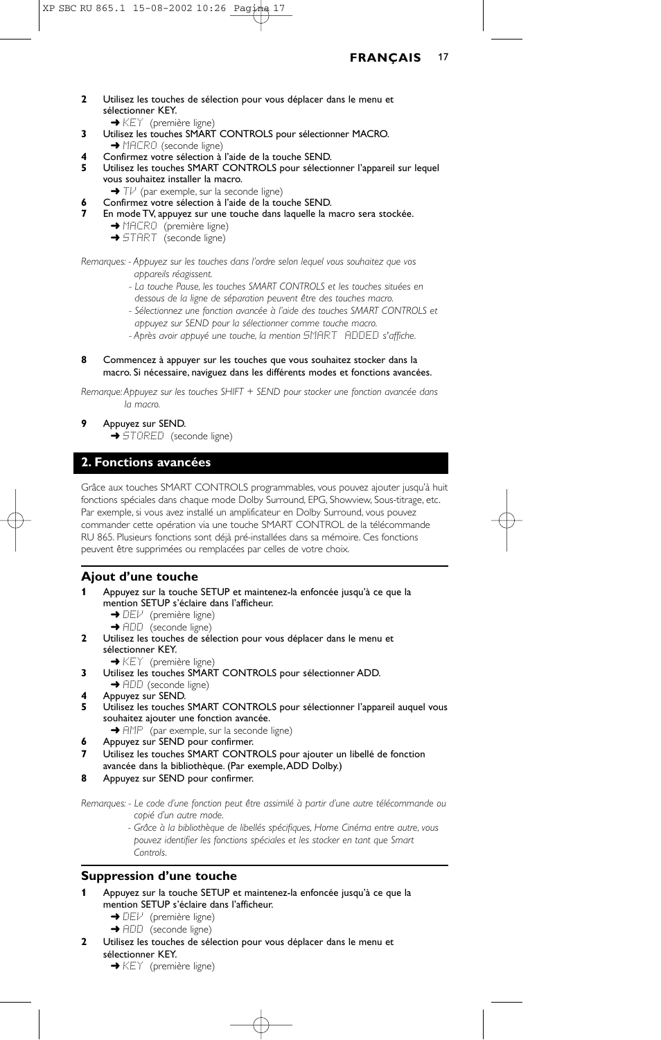 Fonctions avancées, Ajout d’une touche, Suppression d’une touche | Philips SBC RU 865/00 User Manual | Page 17 / 120