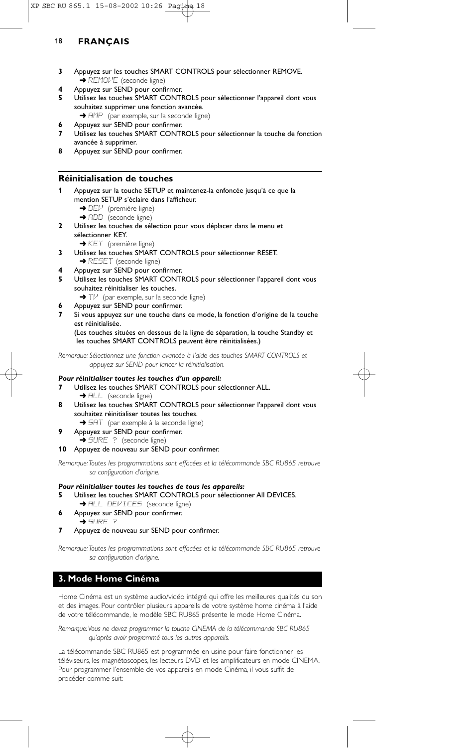 Réinitialisation de touches, Mode home cinéma | Philips SBC RU 865/00 User Manual | Page 18 / 120