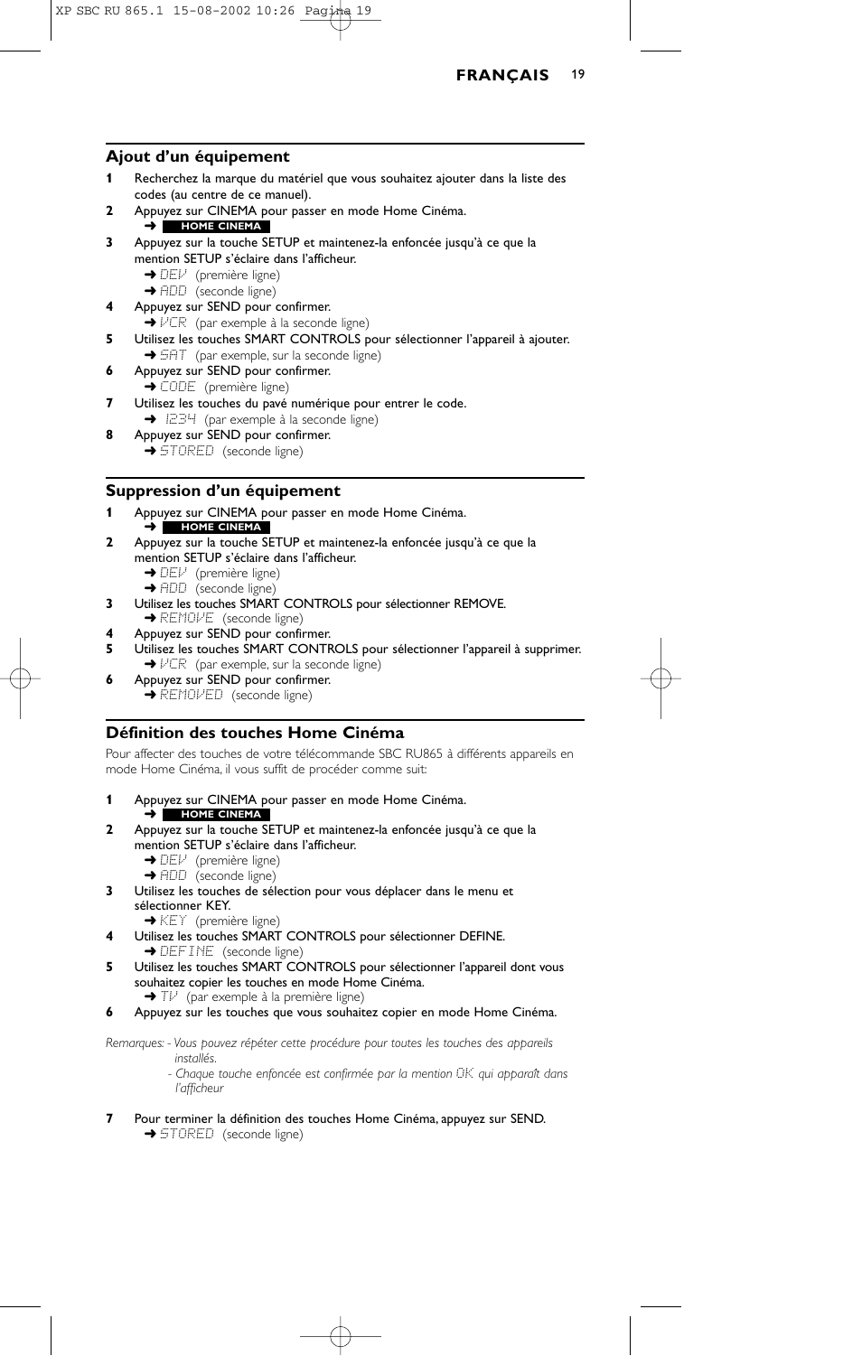 Ajout d’un équipement, Suppression d’un équipement, Définition des touches home cinéma | Philips SBC RU 865/00 User Manual | Page 19 / 120