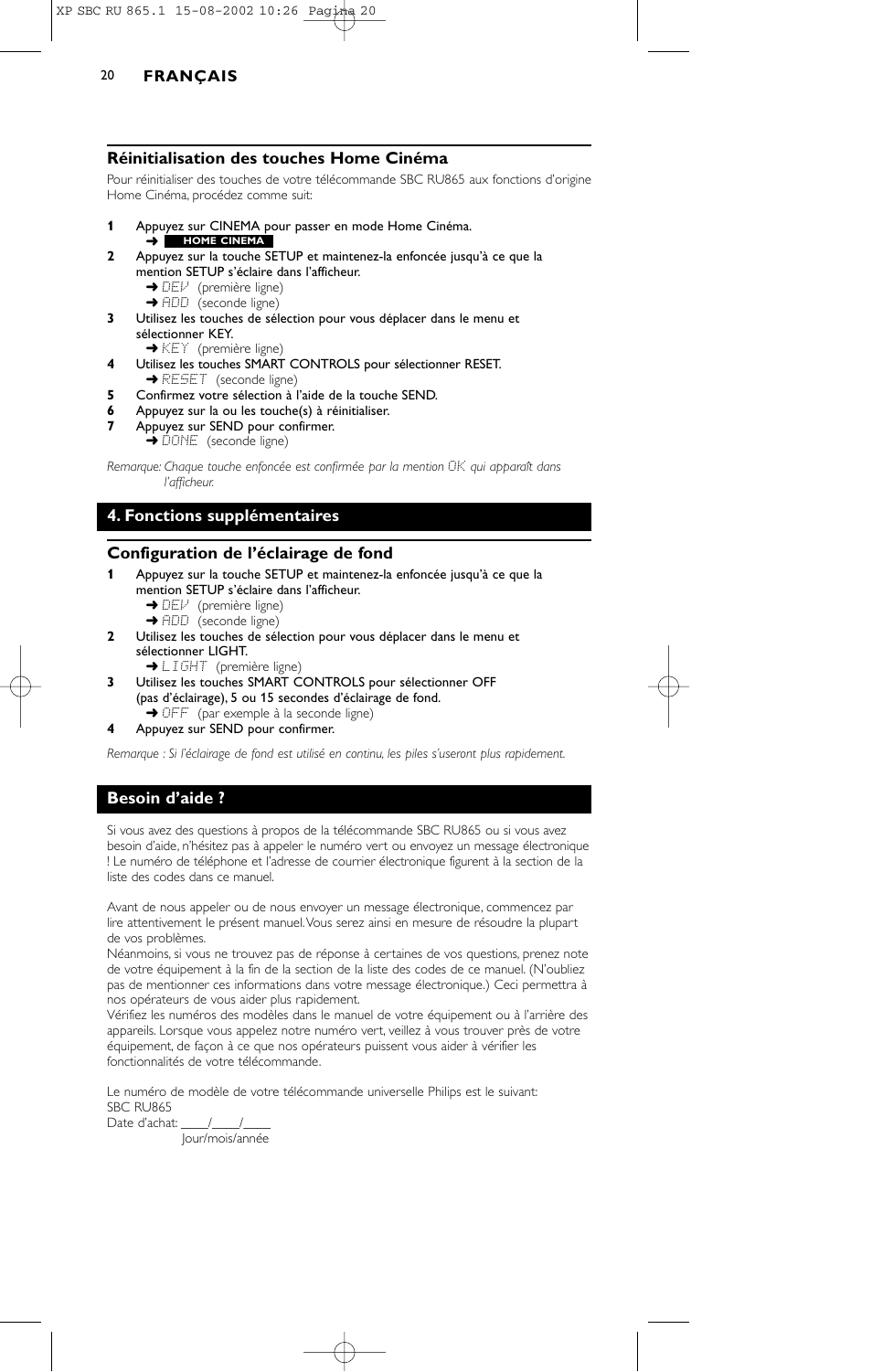 Réinitialisation des touches home cinéma, Besoin d’aide | Philips SBC RU 865/00 User Manual | Page 20 / 120