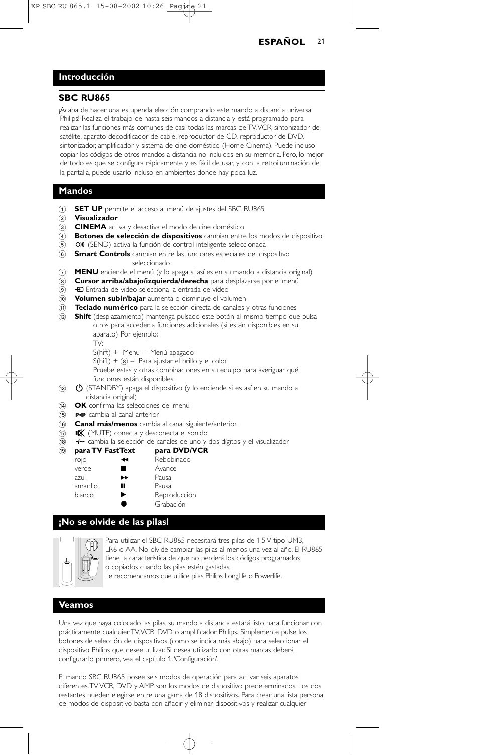 Introducción sbc ru865, Mandos, No se olvide de las pilas | Veamos | Philips SBC RU 865/00 User Manual | Page 21 / 120