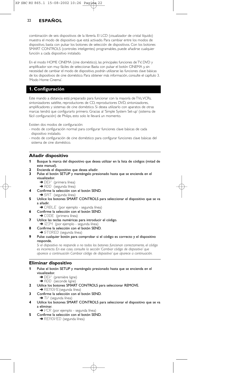 Configuración, Añadir dispositivo, Eliminar dispositivo | Philips SBC RU 865/00 User Manual | Page 22 / 120