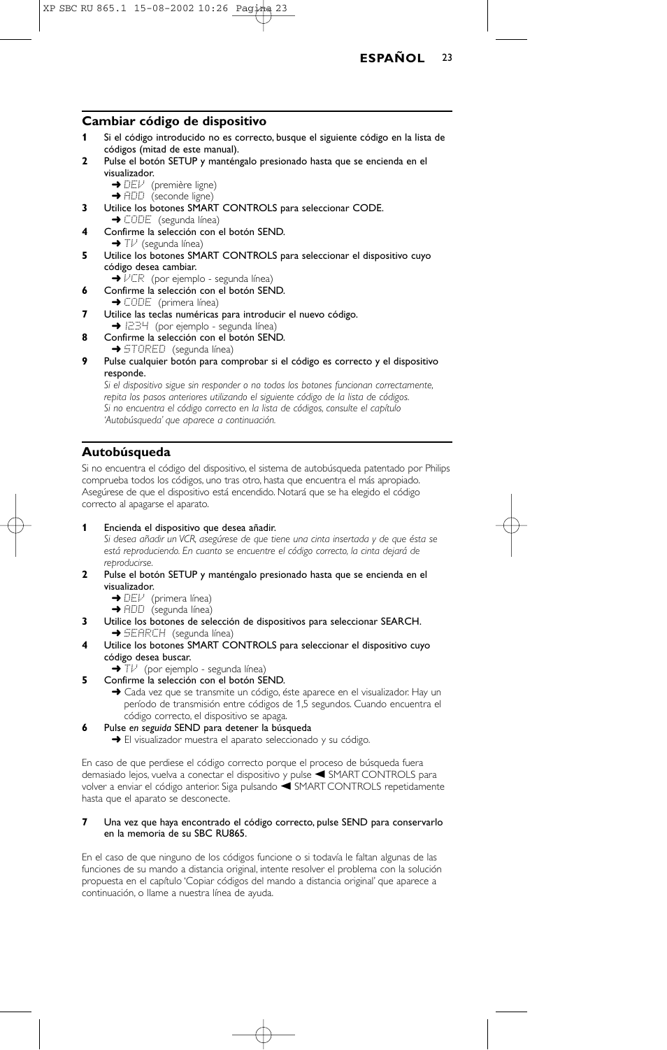 Cambiar código de dispositivo, Autobúsqueda | Philips SBC RU 865/00 User Manual | Page 23 / 120