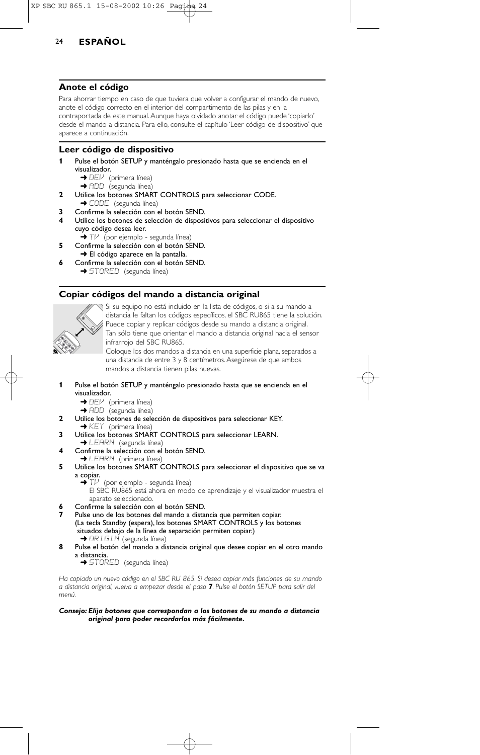 Leer código de dispositivo, Copiar códigos del mando a distancia original | Philips SBC RU 865/00 User Manual | Page 24 / 120
