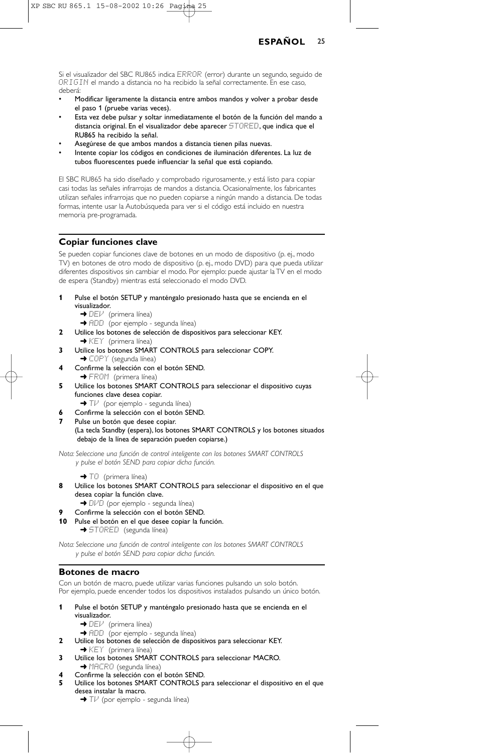 Copiar funciones clave, Botones de macro | Philips SBC RU 865/00 User Manual | Page 25 / 120