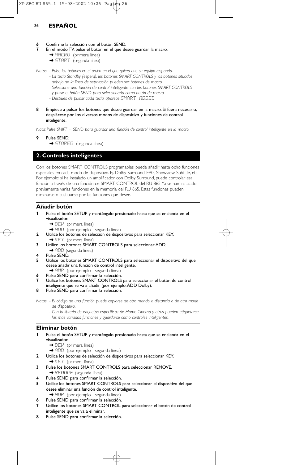 Controles inteligentes, Añadir botón, Eliminar botón | Philips SBC RU 865/00 User Manual | Page 26 / 120