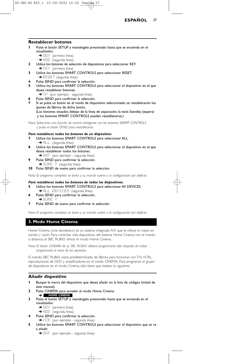 Restablecer botones, Modo home cinema, Añadir dispositivo | Philips SBC RU 865/00 User Manual | Page 27 / 120