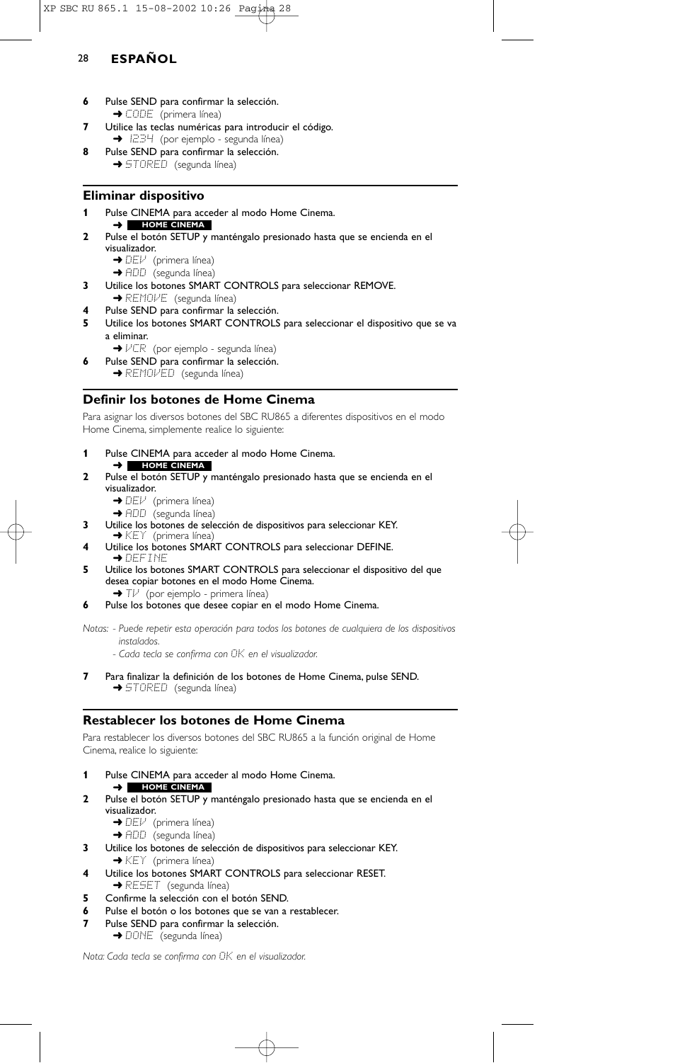 Eliminar dispositivo, Definir los botones de home cinema, Restablecer los botones de home cinema | Philips SBC RU 865/00 User Manual | Page 28 / 120