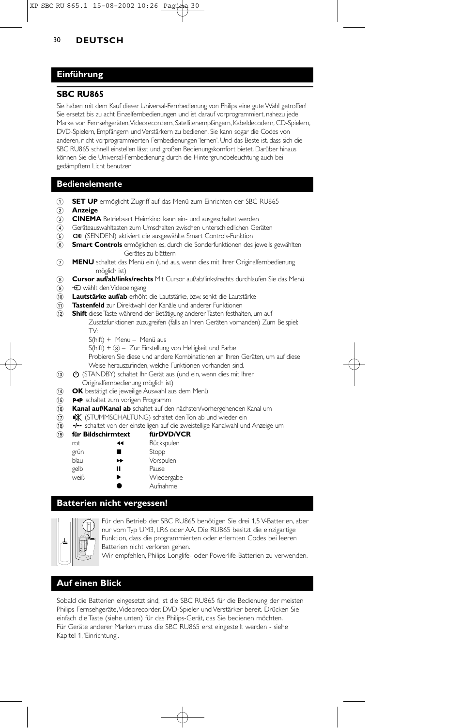 Einführung sbc ru865, Bedienelemente, Batterien nicht vergessen | Auf einen blick | Philips SBC RU 865/00 User Manual | Page 30 / 120