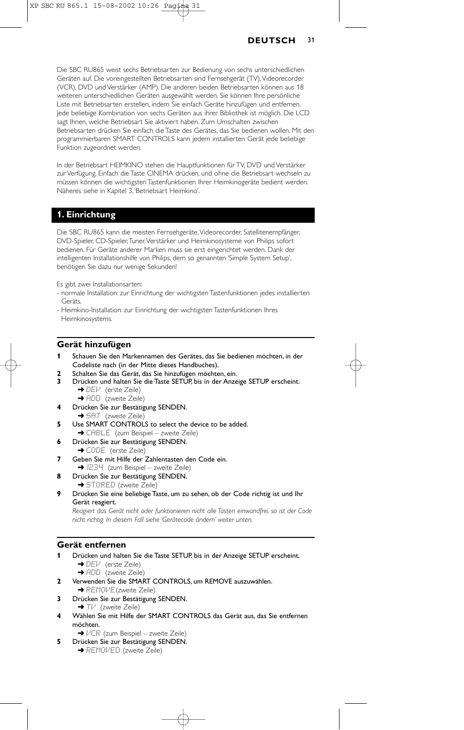 Einrichtung, Gerät hinzufügen, Gerät entfernen | Philips SBC RU 865/00 User Manual | Page 31 / 120