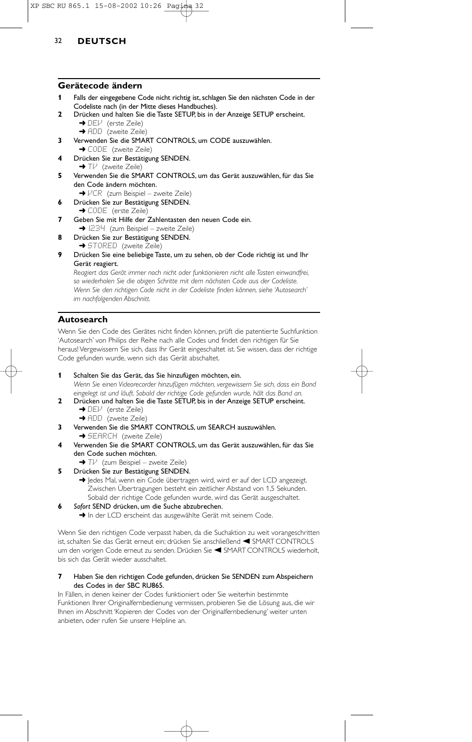 Gerätecode ändern, Autosearch | Philips SBC RU 865/00 User Manual | Page 32 / 120