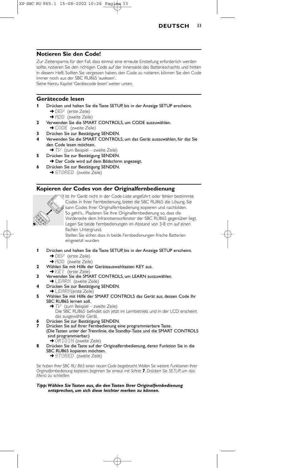 Notieren sie den code, Gerätecode lesen, Kopieren der codes von der originalfernbedienung | Philips SBC RU 865/00 User Manual | Page 33 / 120