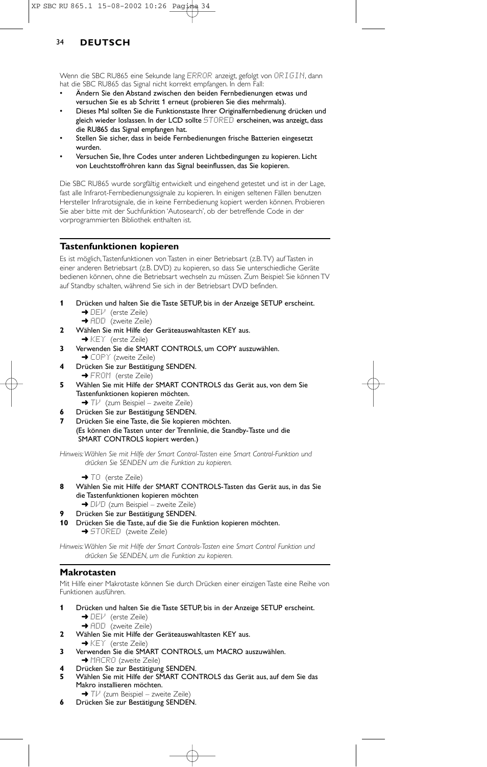 Tastenfunktionen kopieren, Makrotasten | Philips SBC RU 865/00 User Manual | Page 34 / 120