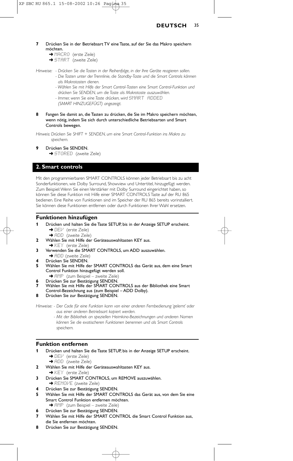 Smart controls, Funktionen hinzufügen, Funktion entfernen | Philips SBC RU 865/00 User Manual | Page 35 / 120